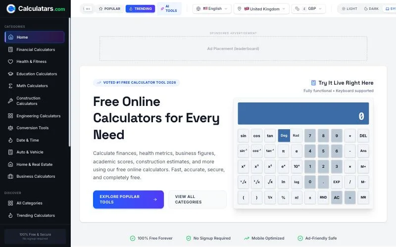 Screenshot of the Calculatars website